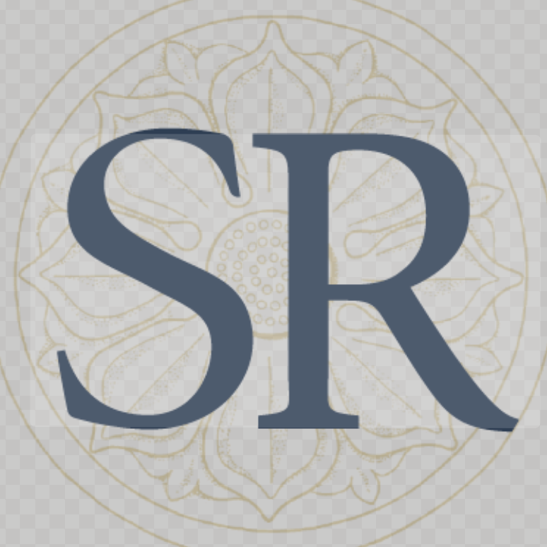 Large initials 'SR' in navy blue over a light background with a faint floral mandala pattern.
