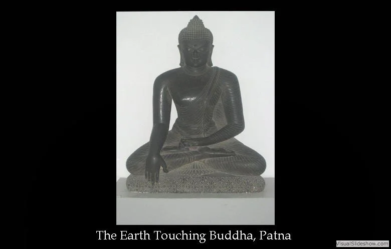 A dark-colored Buddha statue in a seated meditation pose, with one hand touching the earth, displayed against a plain background.