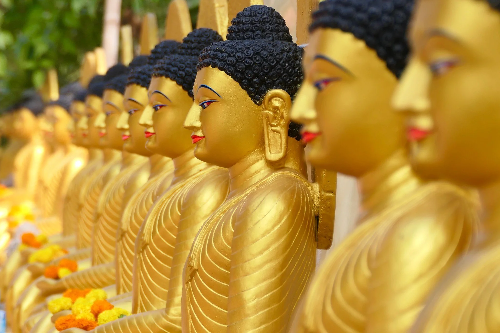 People gathered at a religious or cultural event outside a temple, some wearing traditional attire, with children and adults, and pink flowers in the foreground.
