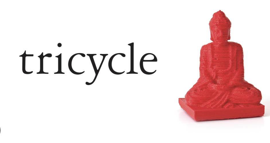 The word 'tricycle' written in black text next to a red Buddha statue on a white background.