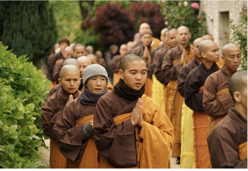 Buddhist monks and novices praying in a line outdoors.