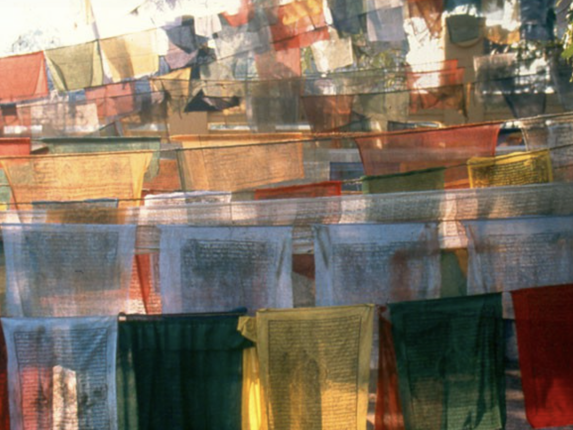 Colorful prayer flags hanging outdoors, fluttering in the wind.