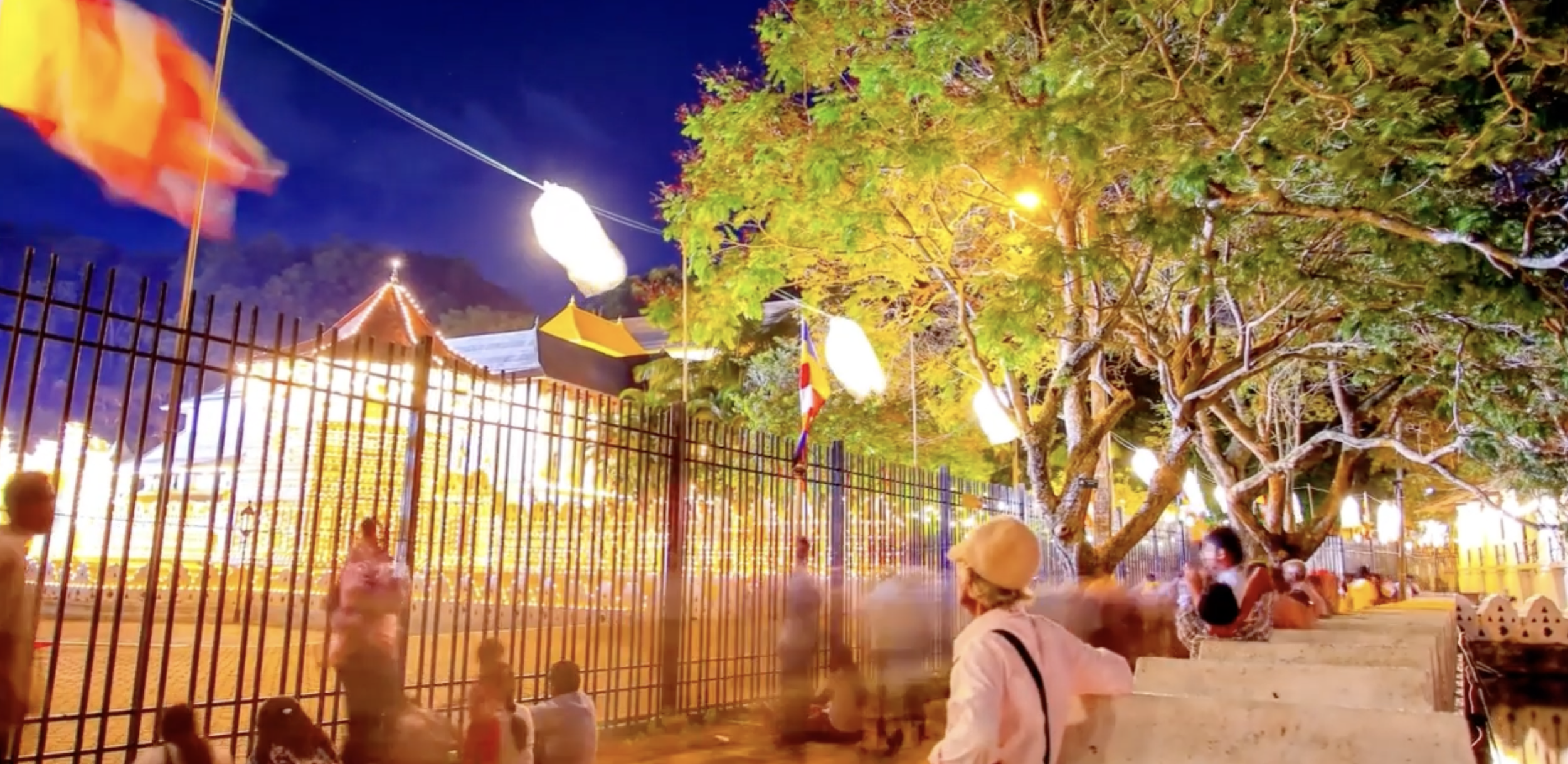 Night scene at a festival with a metal fence, illuminated tents and decorations, large tree with lights, and people sitting and standing along the sidewalk.