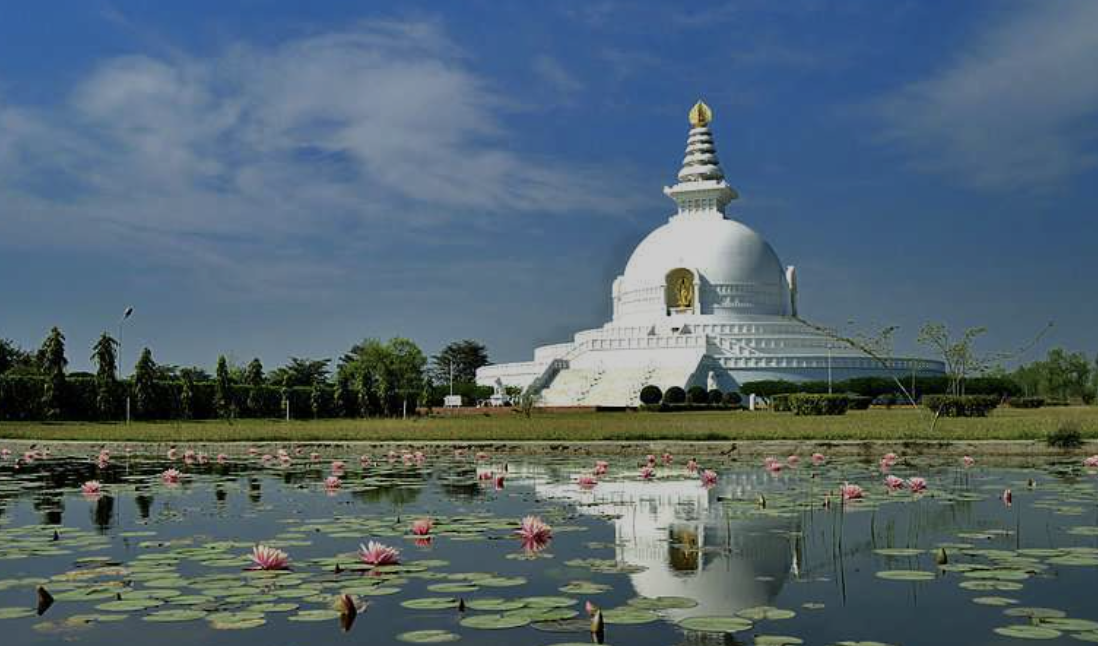 A white Buddhist stupa with a gold pinnacle, reflected in a pond filled with pink water lilies, under a blue sky with scattered clouds.