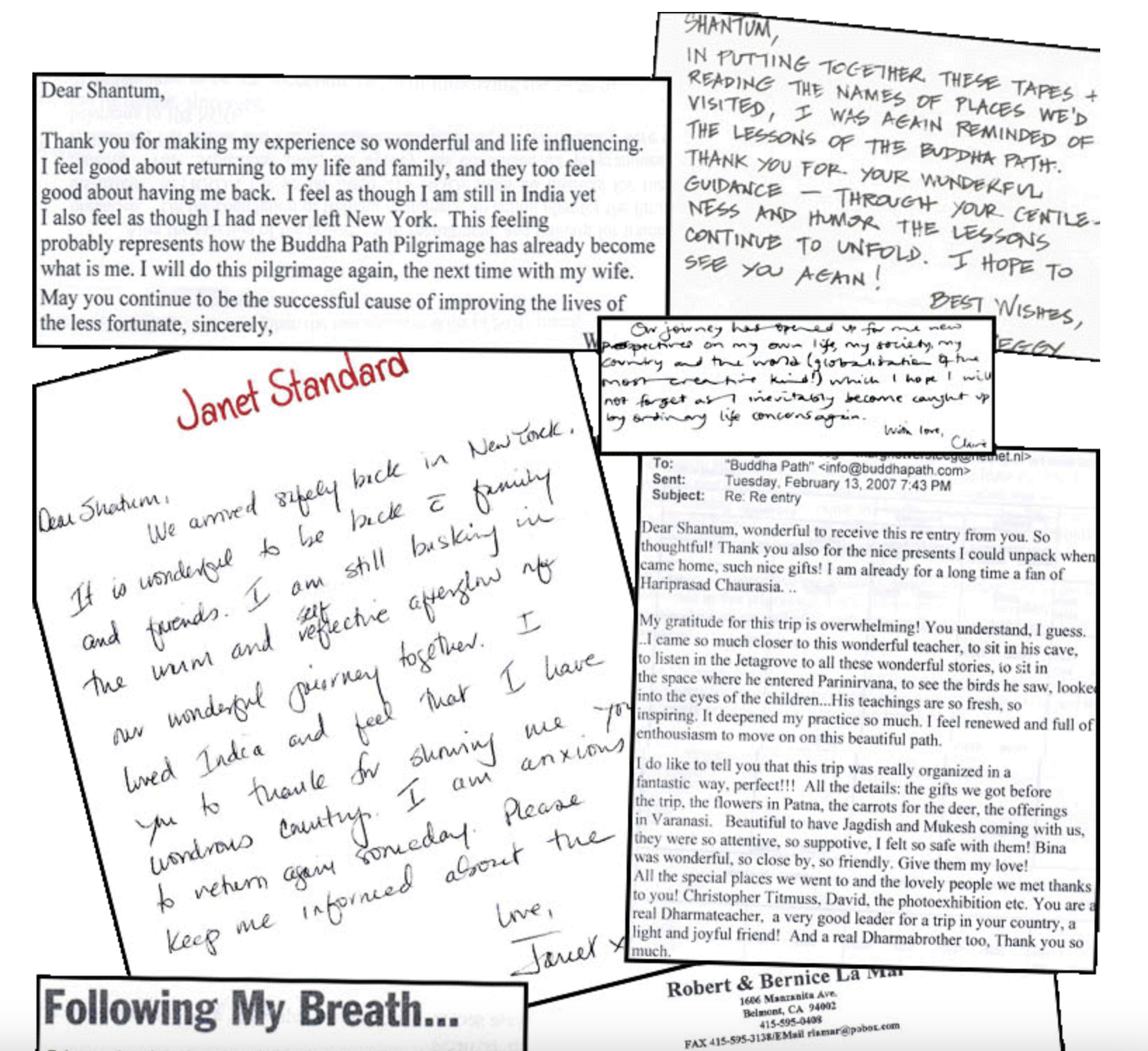 Collage of handwritten and typed letters, with messages of gratitude and travel updates, including references to a pilgrimage, family, and travels in India and New York.