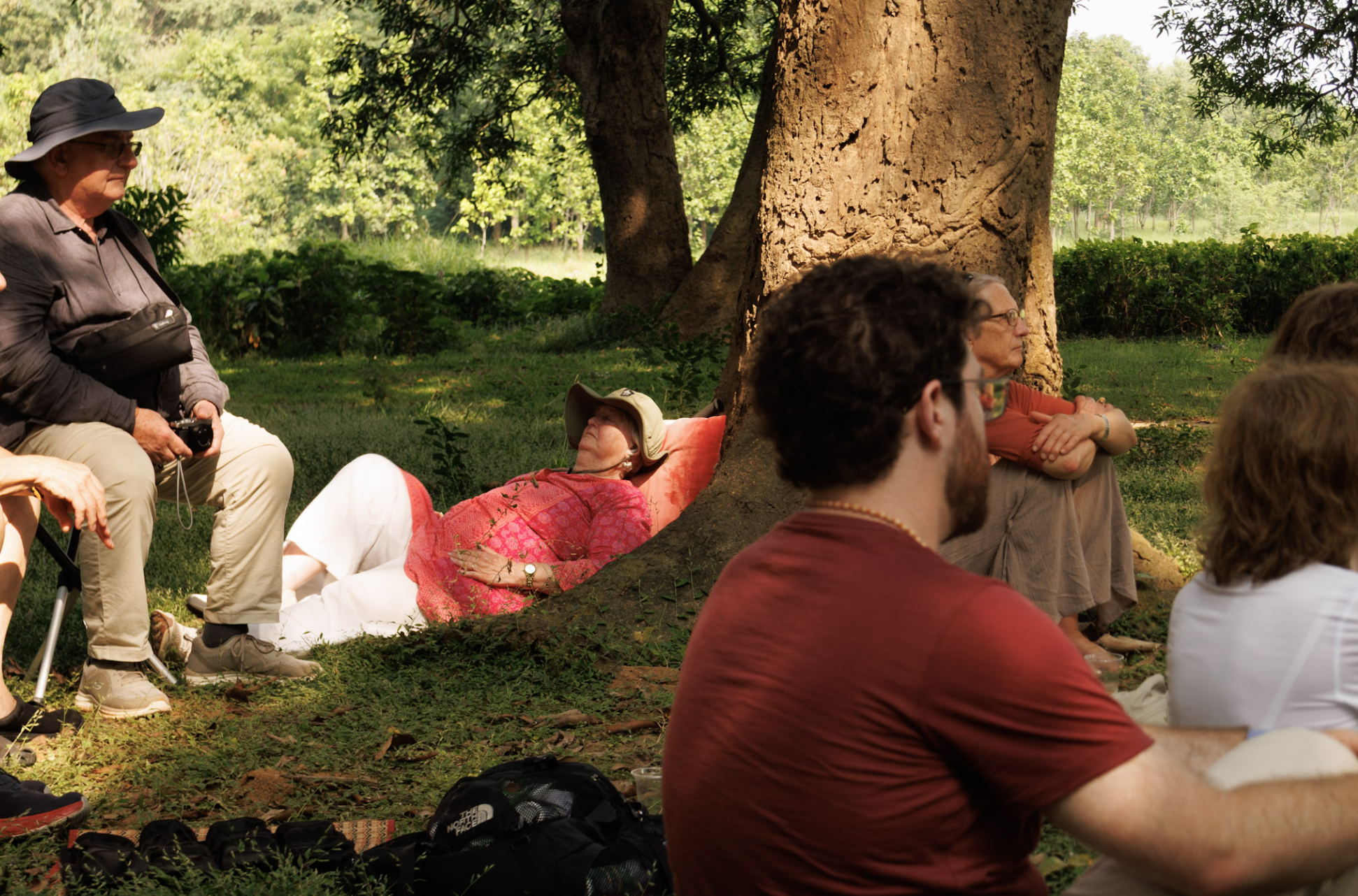 Group of people relaxing outdoors under a tree, some sitting and one lying down, with lush greenery in the background.