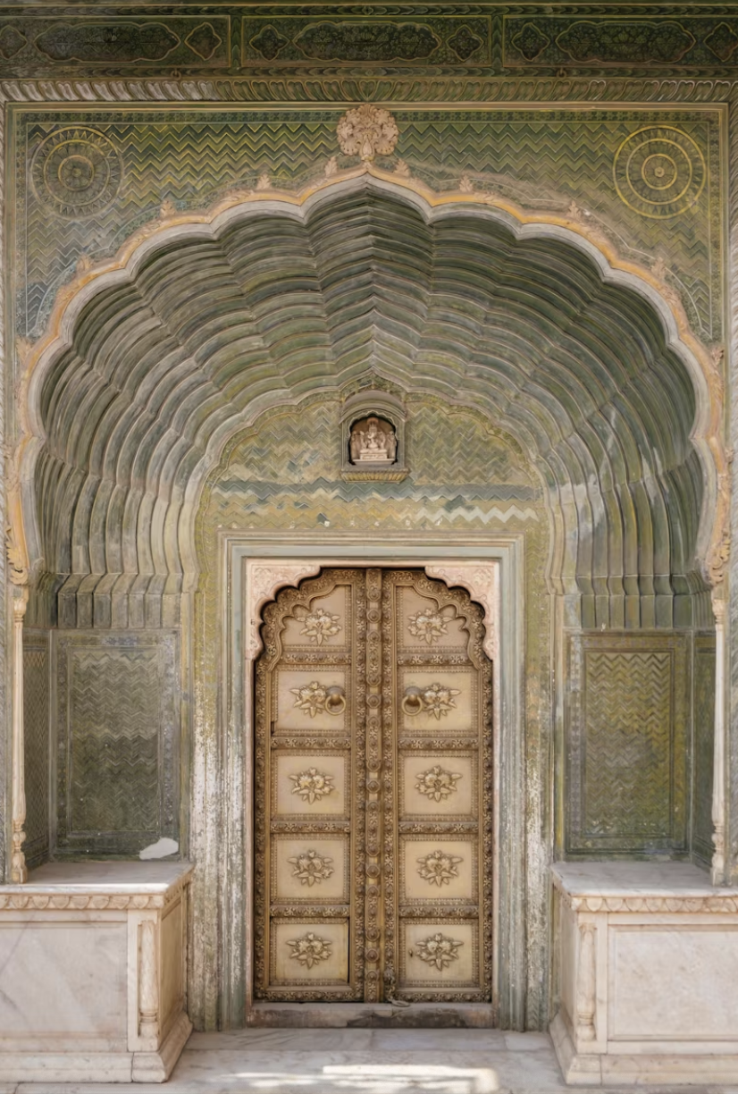 Intricate antique door with floral carvings flanked by decorative marble benches, set within a richly detailed, ornate archway with green and gold accents.