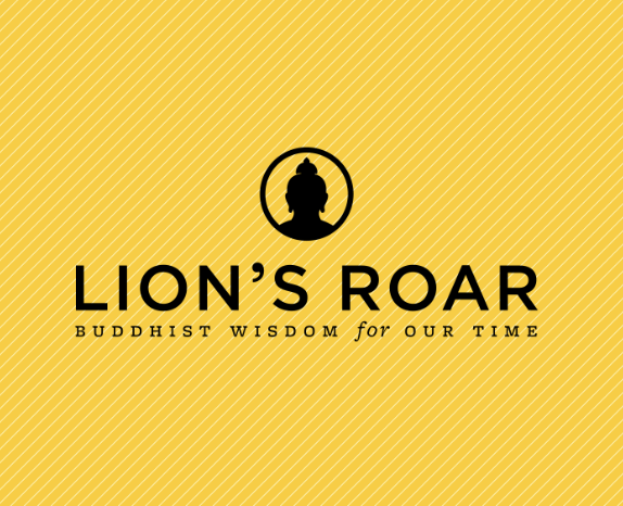 Logo for Lion's Roar, featuring a black silhouette of a Buddha's head inside a circle on a yellow striped background, with the text 'LION'S ROAR' and the subtitle 'Buddhist wisdom for our time'.