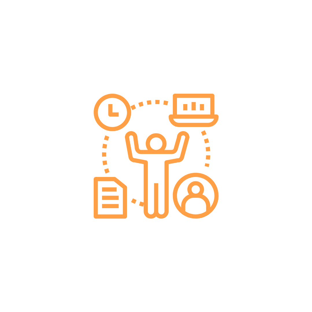 Line drawing of a person with raised arms, surrounded by icons of a clock, a document, a person, a laptop, and a bar chart, all in orange.