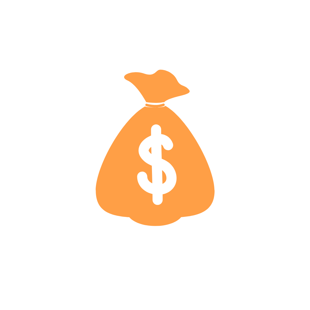 Orange money bag with a white dollar sign symbol on it.