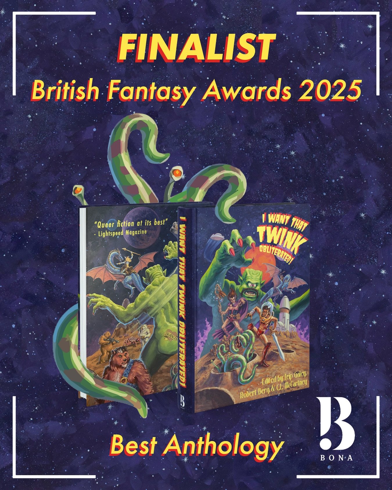 I Want That Twink… Nominated?! π€―
We’re over the moon (and beyond) that IWTTO! is a finalist at the @britishfantasysociety BFAs alongside so many other incredible works.
As a tiny queer publisher, to achieve this on our first outing i