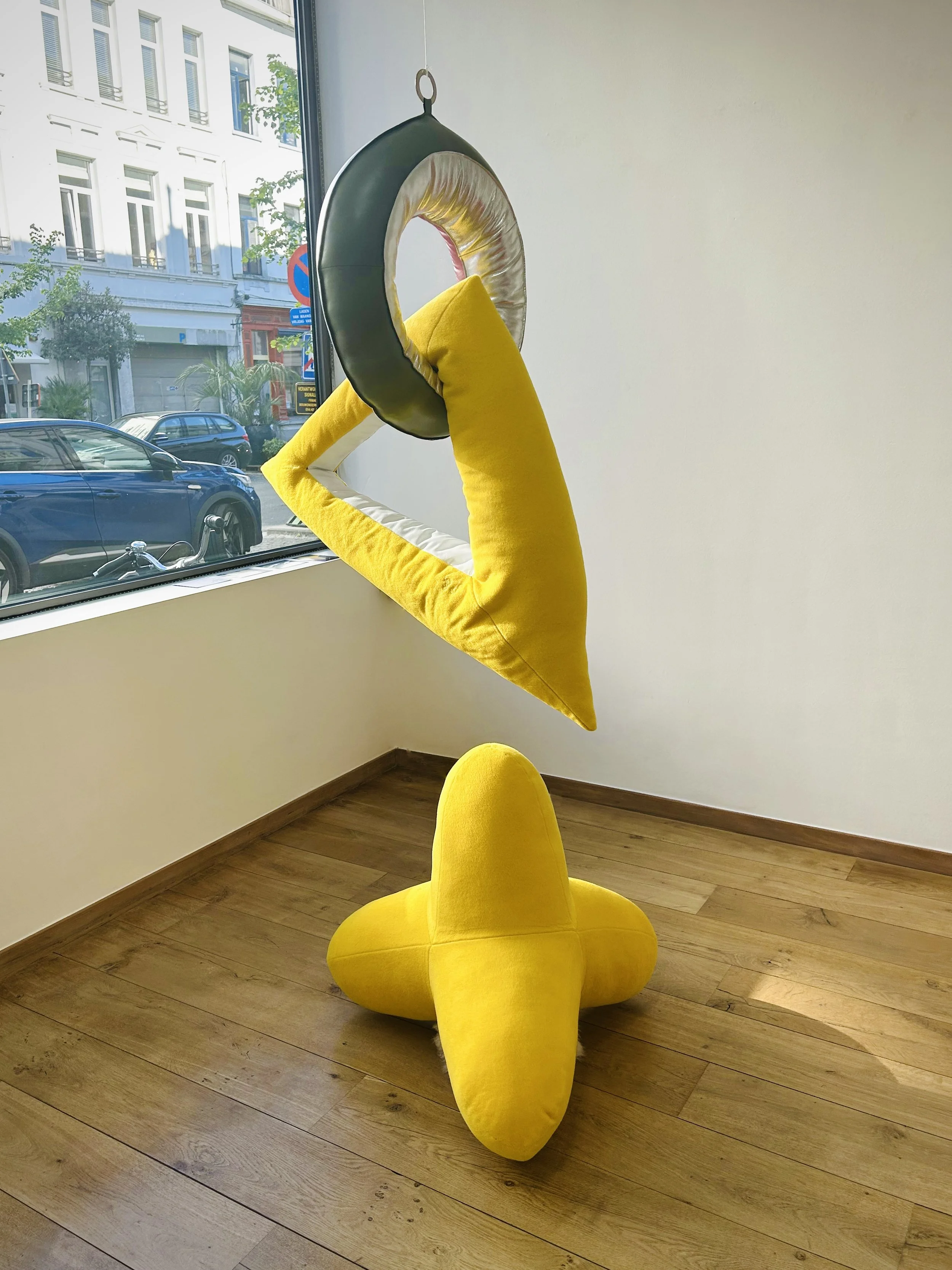  Jean-Marc Piron 
 INTRA-INTER-EXTRA-130
 Height : 130cm
 Leather,  alpaca,  polyester 
 TETRAPOD 62 JAUNE
 Height : 72 cm 
 Alpaca, polyester fiber