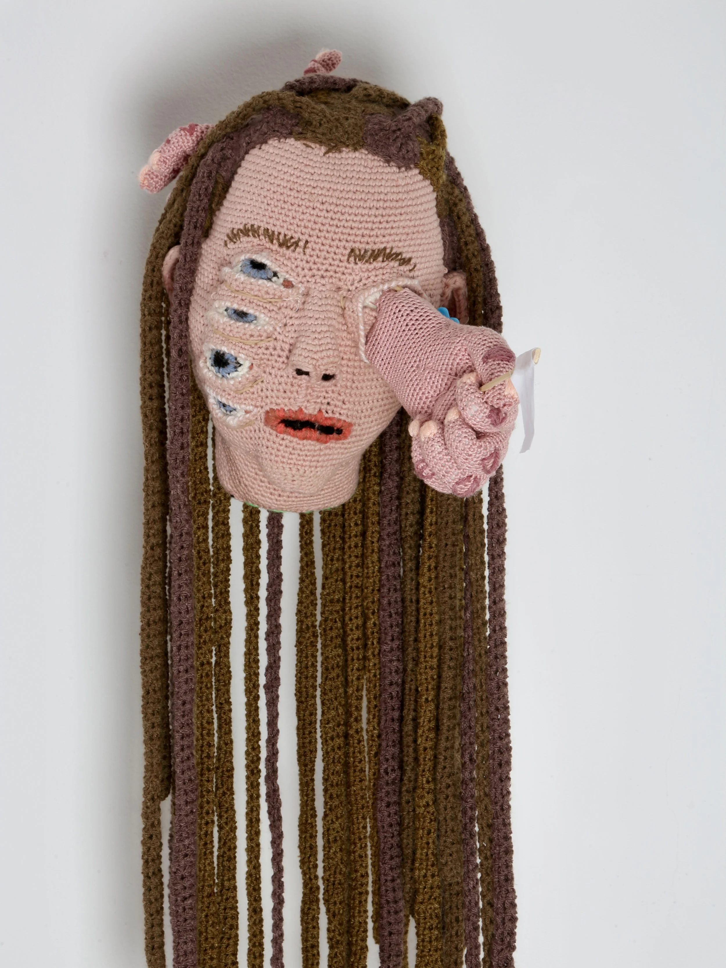 Tatum Kempers 
 RESISTANCE IS FUTILE
 Yarn (cotton, wool, acrylic, recycled plastic bottle yarn), teddy bear stuffing, toy parts, wooden skewer, fabric
 approx. 80 × 25 cm