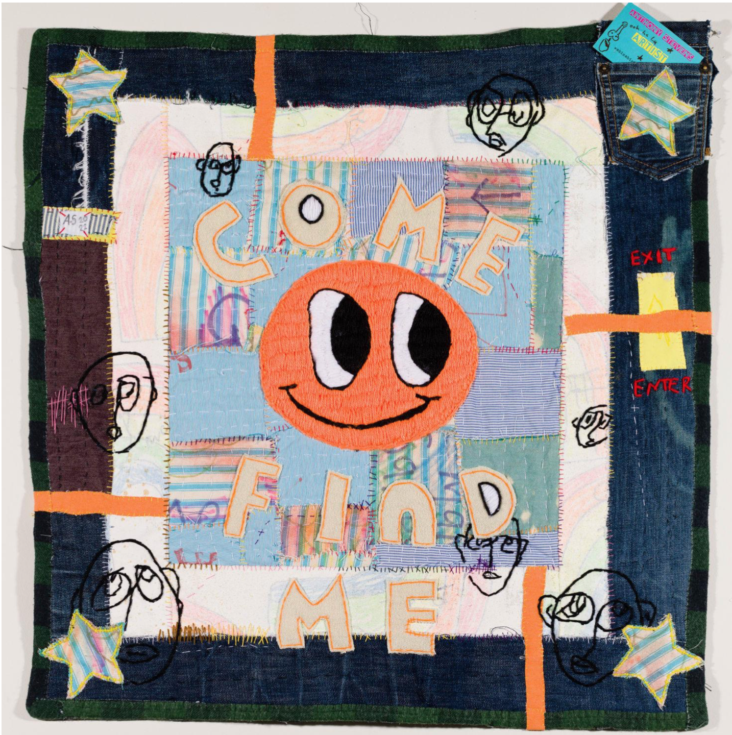  Ant Stevens 
 SEARCHING FOR THE ORANGE ONE 
 Hand embroidery, applique, mixed media on hand sewn recycled denim/mixed textile background
 2022
 61 x 61 cm 