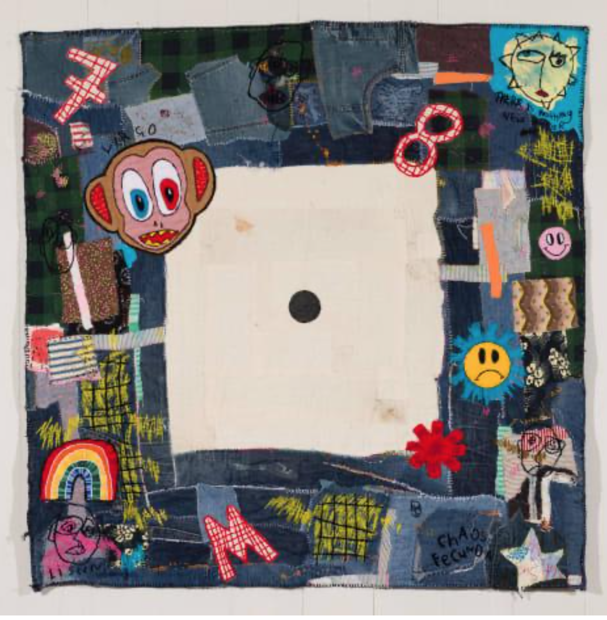  Ant Stevens 
 EVERYTHING DANCES AROUND YOU
 Hand embroidery and applique on hand sewn recycled denim / textile background
 2022 
 120 X120 cm