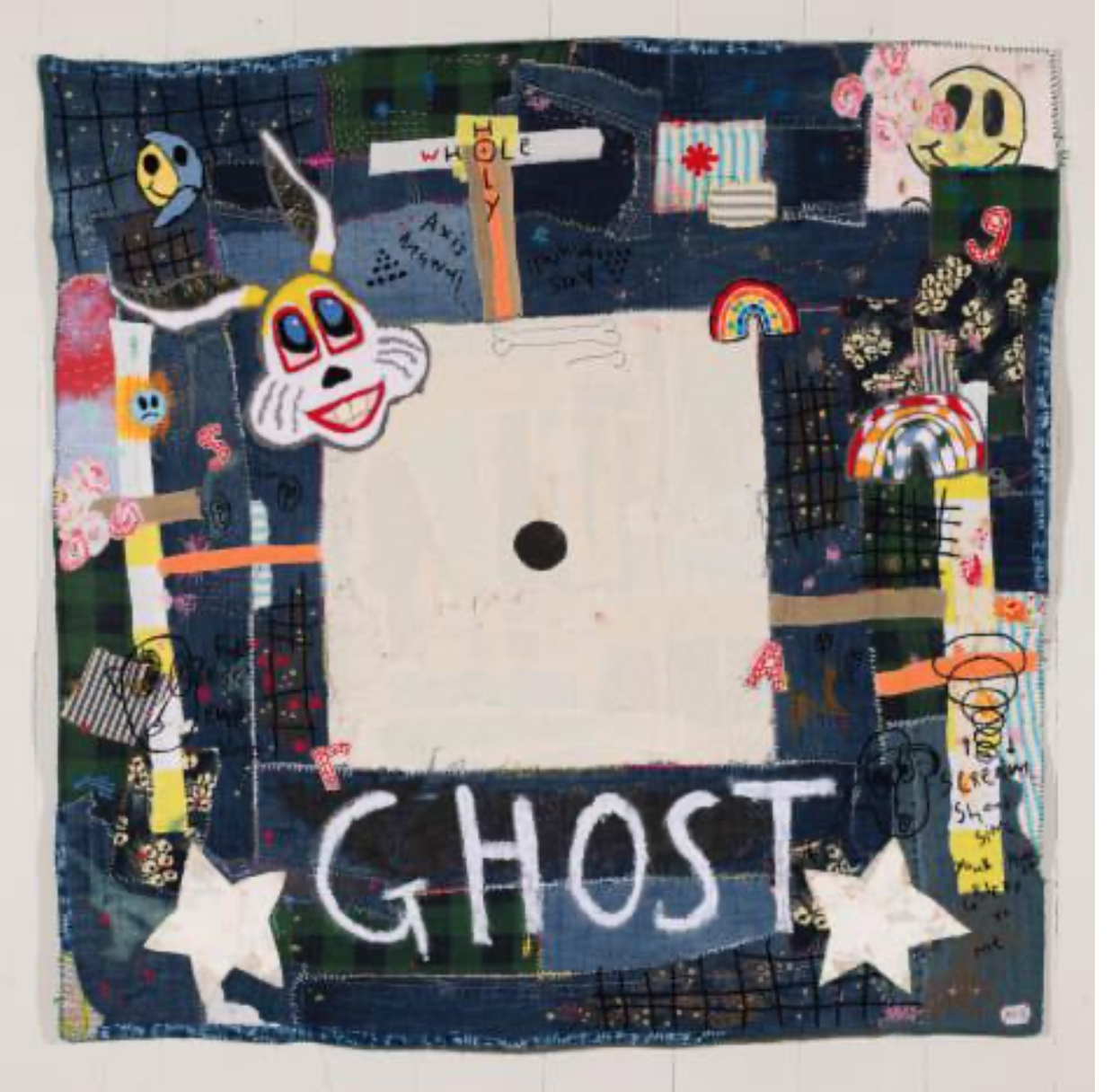  Ant Stevens 
 GHOST STAR
 Hand embroidery and applique on hand sewn recycled denim/ textile background
 2022
 120 x120 cm 