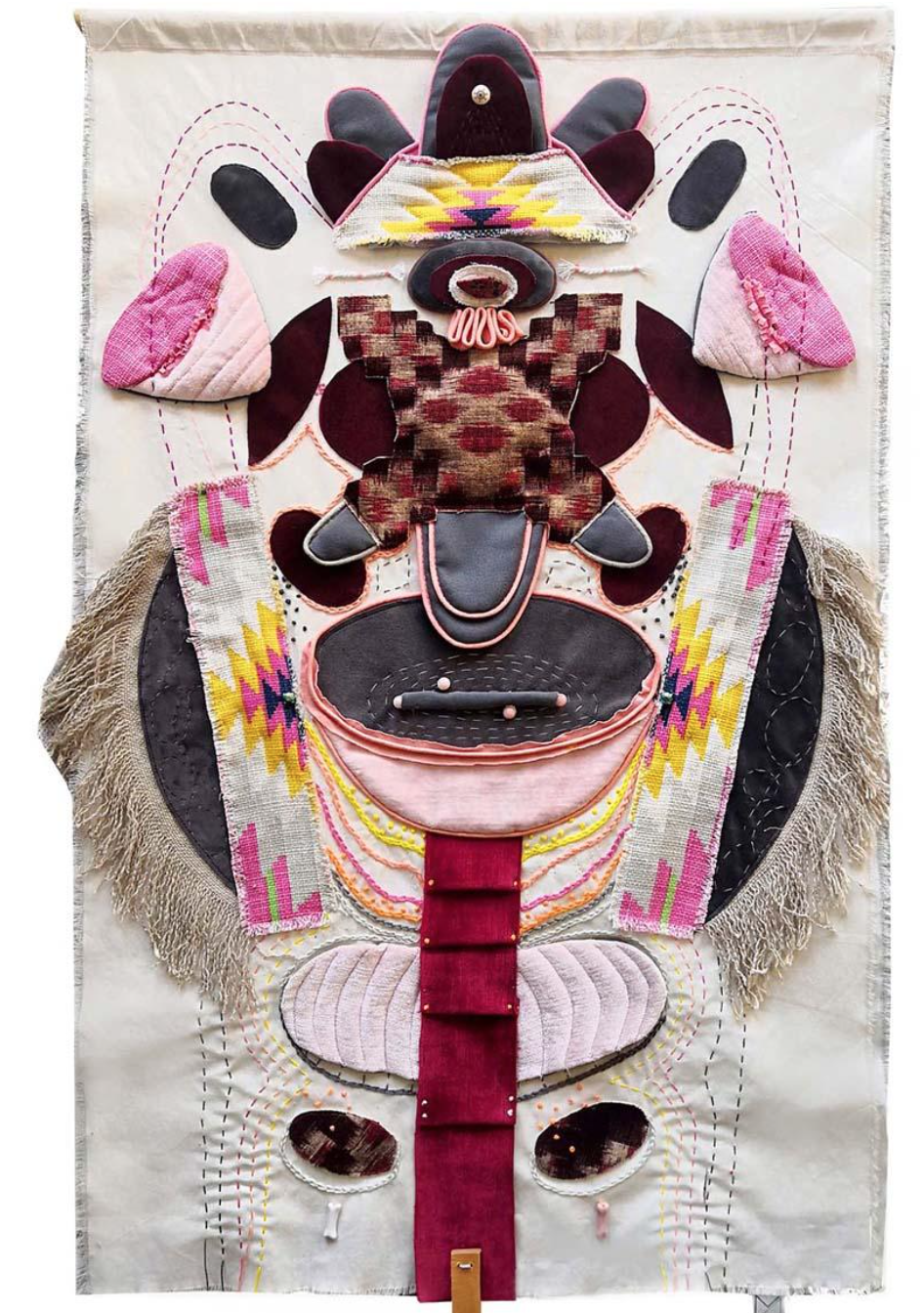  Marianna O'Reilly 
 MOTHER TOTEM
 Recycled fabric, embroidery, bamboo, wool, leather, natural stone beads, 
 2022
 50x70cm