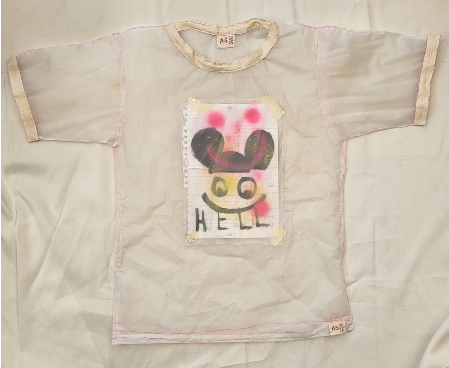  Ant Stevens 
 FAST FASHION FOR PEOPLE LIVING AT THE END OF THE WORLD (2)
 Large unisex Tshirt
 2025
 Hand stitching, recycled shower curtain, plastic packaging, paper, ink,spray paint, masking tape
