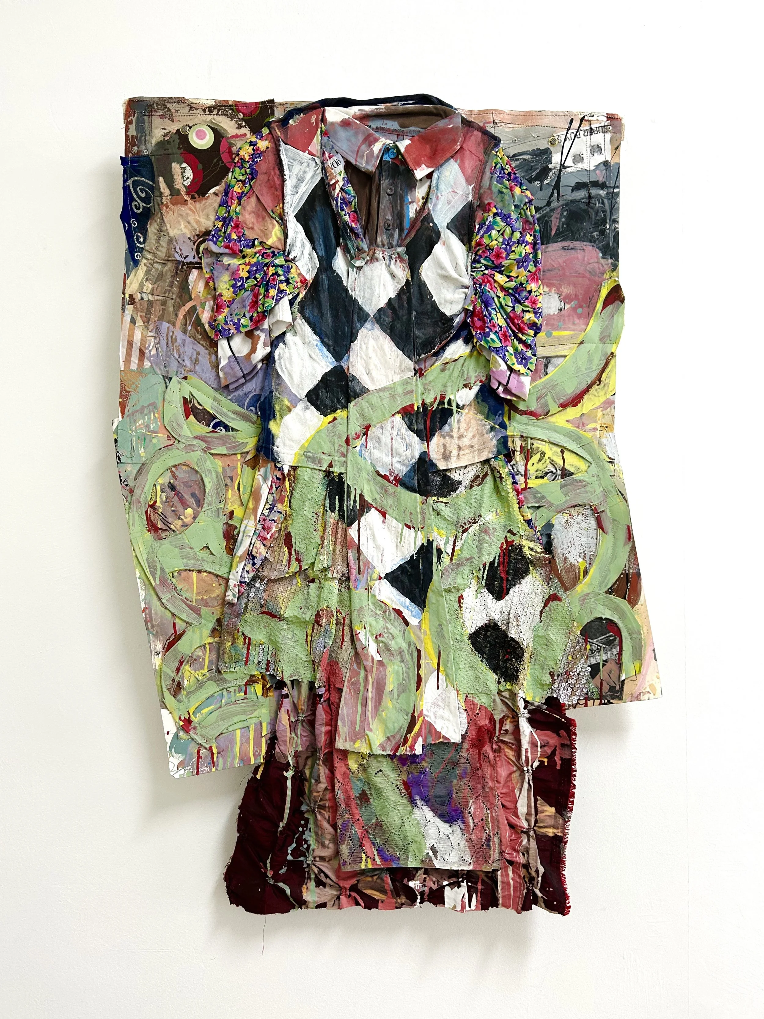  GREEN DRESS 
 Fabrics, collage, papers, paint
 132 X 76 X 10 cm 
 2013