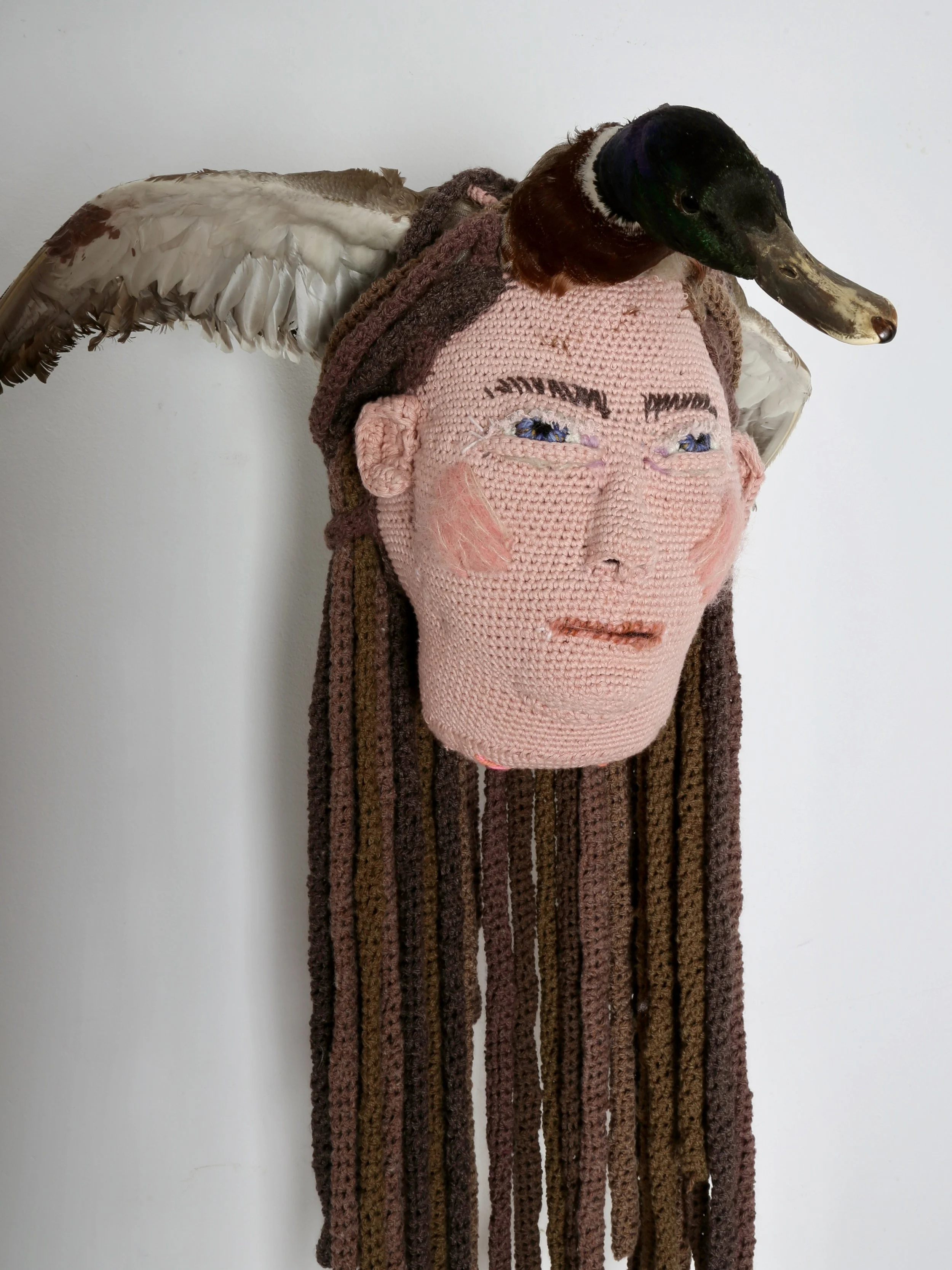  Tatum Kempers 
 JAIL BREAK
 Yarn (cotton, wool, acrylic, recycled plastic bottle yarn), teddy bear stuffing, taxidermy duck
 approx. 80 × 55 cm