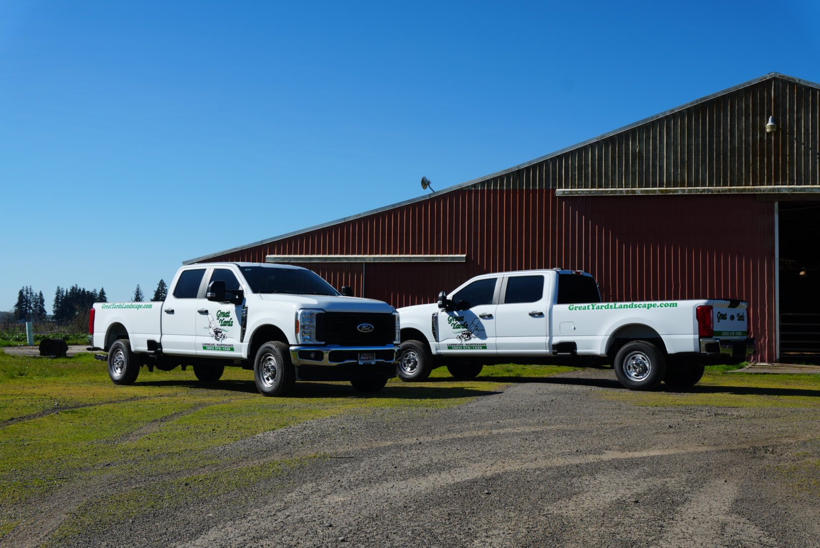 fleet of 2 new ford pickup trucks for landscape company with good quality wraps in salem oregon