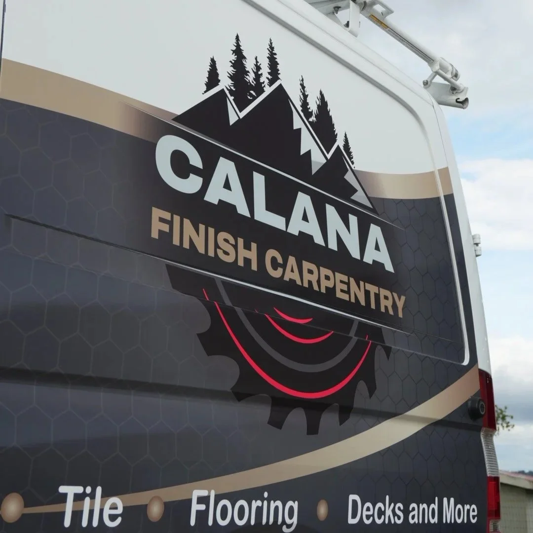 up close detail photo of Calana Finish Carpentry fleet vehicle wrapped in printed graphics installed by the best wrap shop in salem oregon