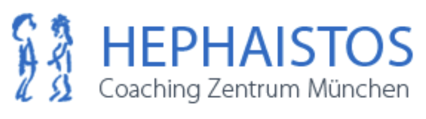 Logo des Hephaistos Coaching Zentrums München mit stilisierten Figuren und blauem Text.