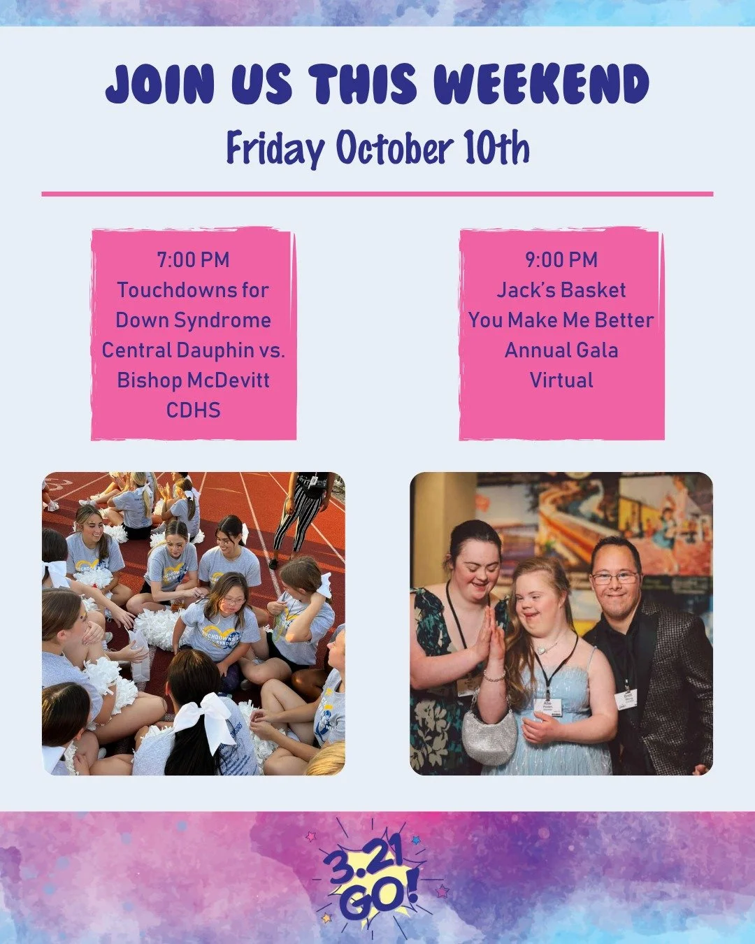 Will we see you this weekend to support our community and CELEBRATE Down Syndrome Awareness Month???

FRIDAY - Attend the annual Central Dauphin Touchdowns for down syndrome football game vs. Bishop McDevitt. The game will kick-off at 7:00 PM at the 