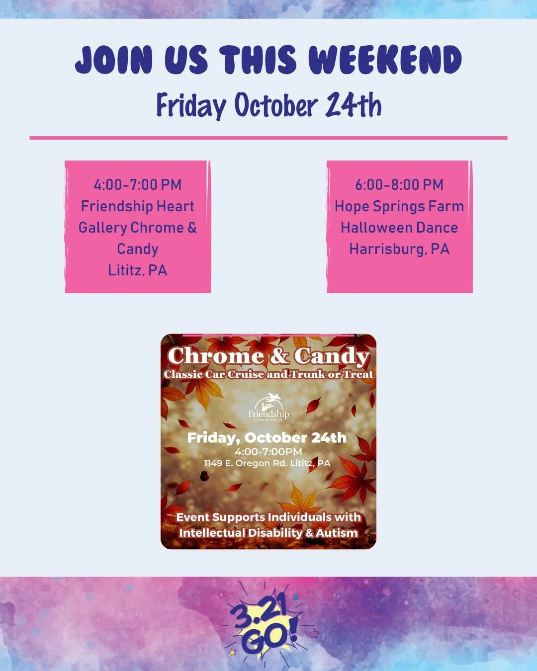 It is the last weekend of Down Syndrome Awareness Month - will we see you this weekend to support our community and CELEBRATE???

FRIDAY - Join @friendship_community from 4:00-7:00 PM in Lititz, PA for a fun evening of classic cars, decorated trunks,