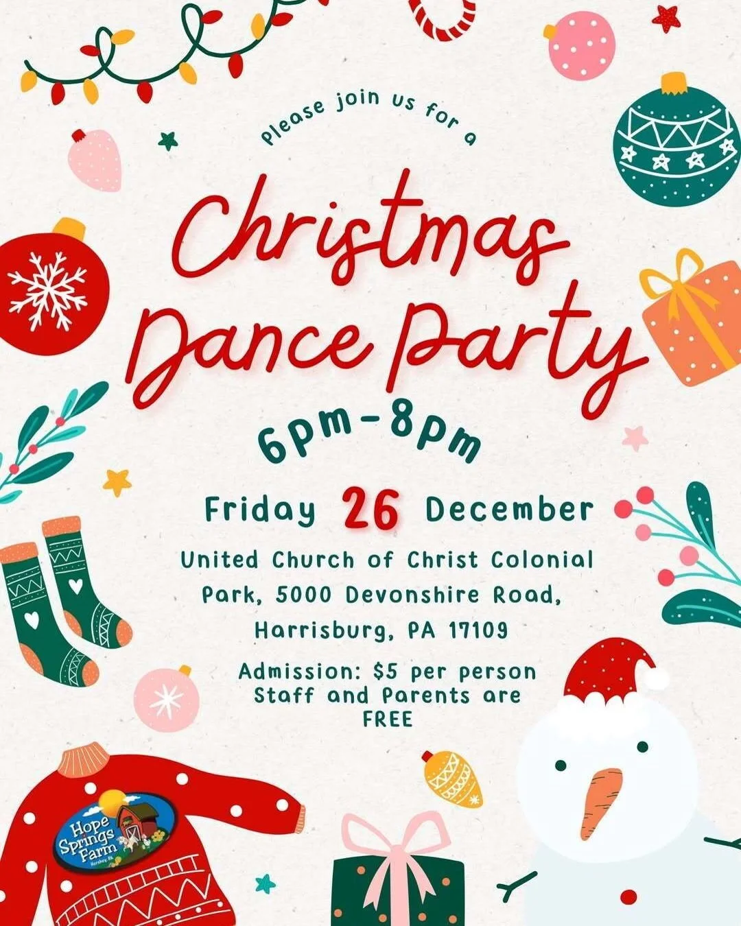Join @hopespringsfarm.hershey for their Christmas Dance Party on Friday December 26th from 6:00-8:00 PM 🎁 

Monthly dances are held at United Church of Christ Colonial Park at 5000 Devonshire Road in Harrisburg. Admission is $5 per person - staff an