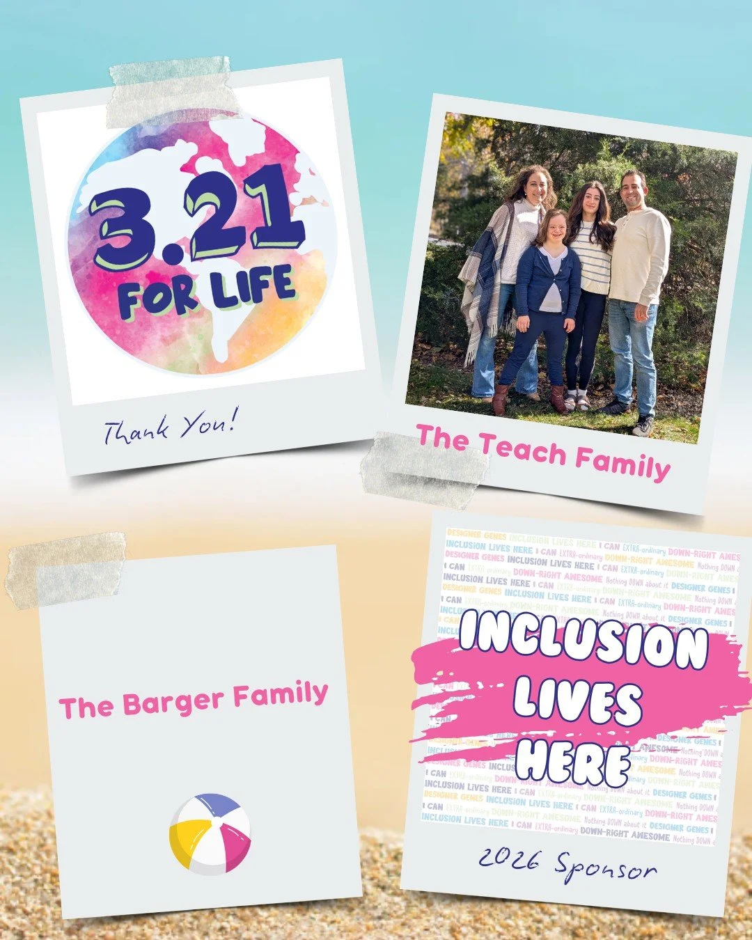 Thank you for being a NOTHING DOWN ABOUT IT sponsor for our 5th Annual 3.21 FOR LIFE World Down Syndrome Day Beach Bash 🏖️ 🎉 

The Barger Family
The Teach Family

💙 💛