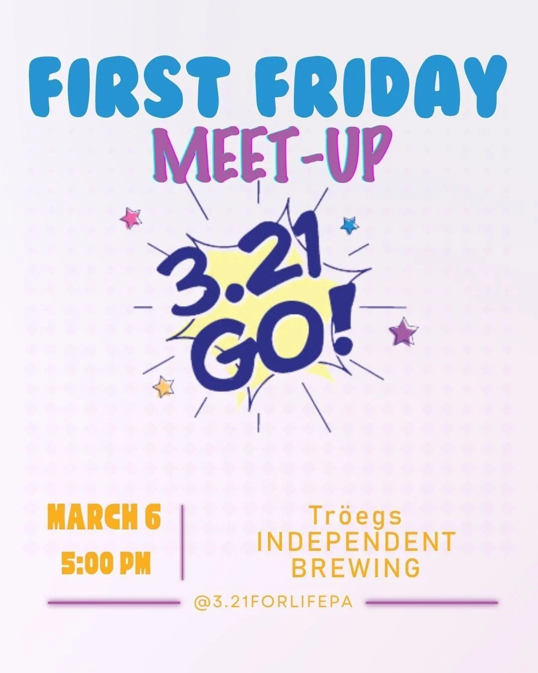 REMINDER 📆 3.21 GO! to @troegs_hershey - First Friday Meet-up March 6 5:00 PM.

Are you ready to get the party started early?? Join 3.21 For Life to catch up with friends and learn about our upcoming 5th Annual World Down Syndrome Day Beach Bash 🌟 