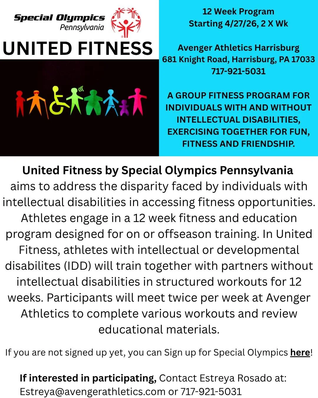 Upcoming opportunities - fitness, art and swimming 💪 🎨 🏊️ 

United Fitness in partnership with Special Olympics @avengerathletics
Contact estreya@avengerathletics.com or 717-921-5031

Summer Art Camps @mosscreekart
https://www.mosscreekart.com/ Cl