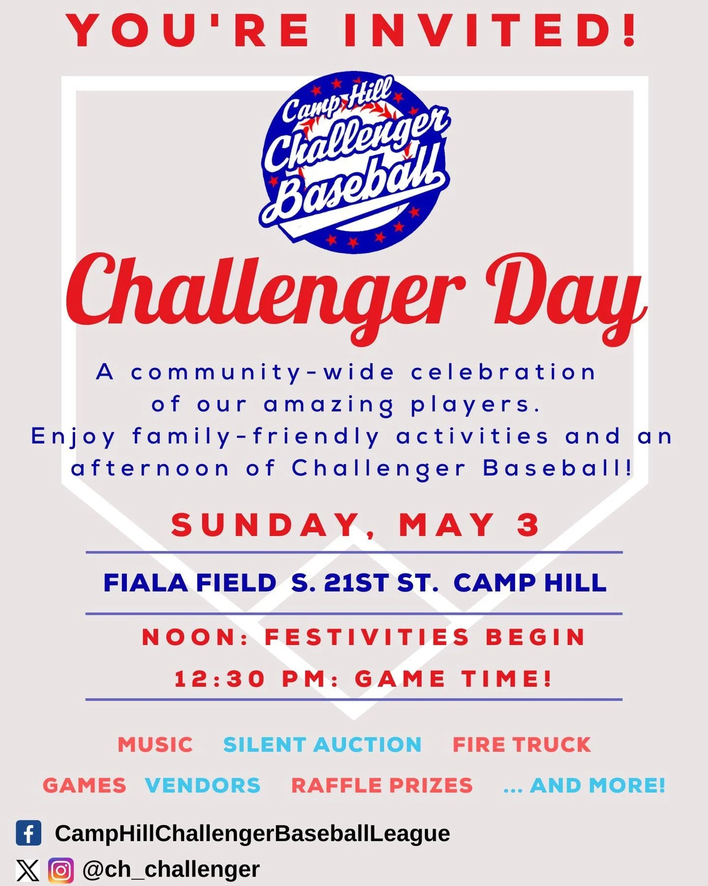 You're invited to @ch_challenger Challenger Day ⚾️ 

A community-wide celebration of their amazing players. Enjoy family-friendly activities and an afternoon of challenger baseball.

Sunday May 3rd at Fiala Field [S. 21st Street Camp Hill]
Festivitie