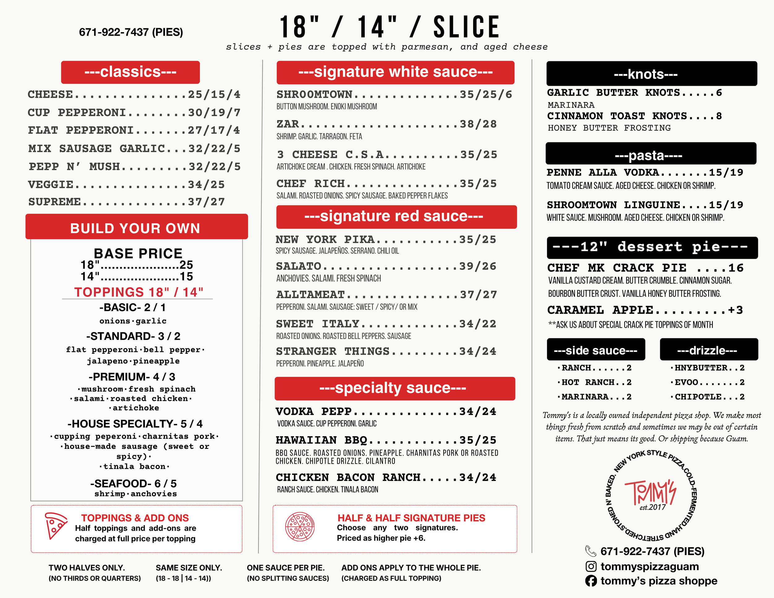 A restaurant menu offering various pizza options, toppings, sauces, and specialty items. It includes prices for different sizes and customization details.