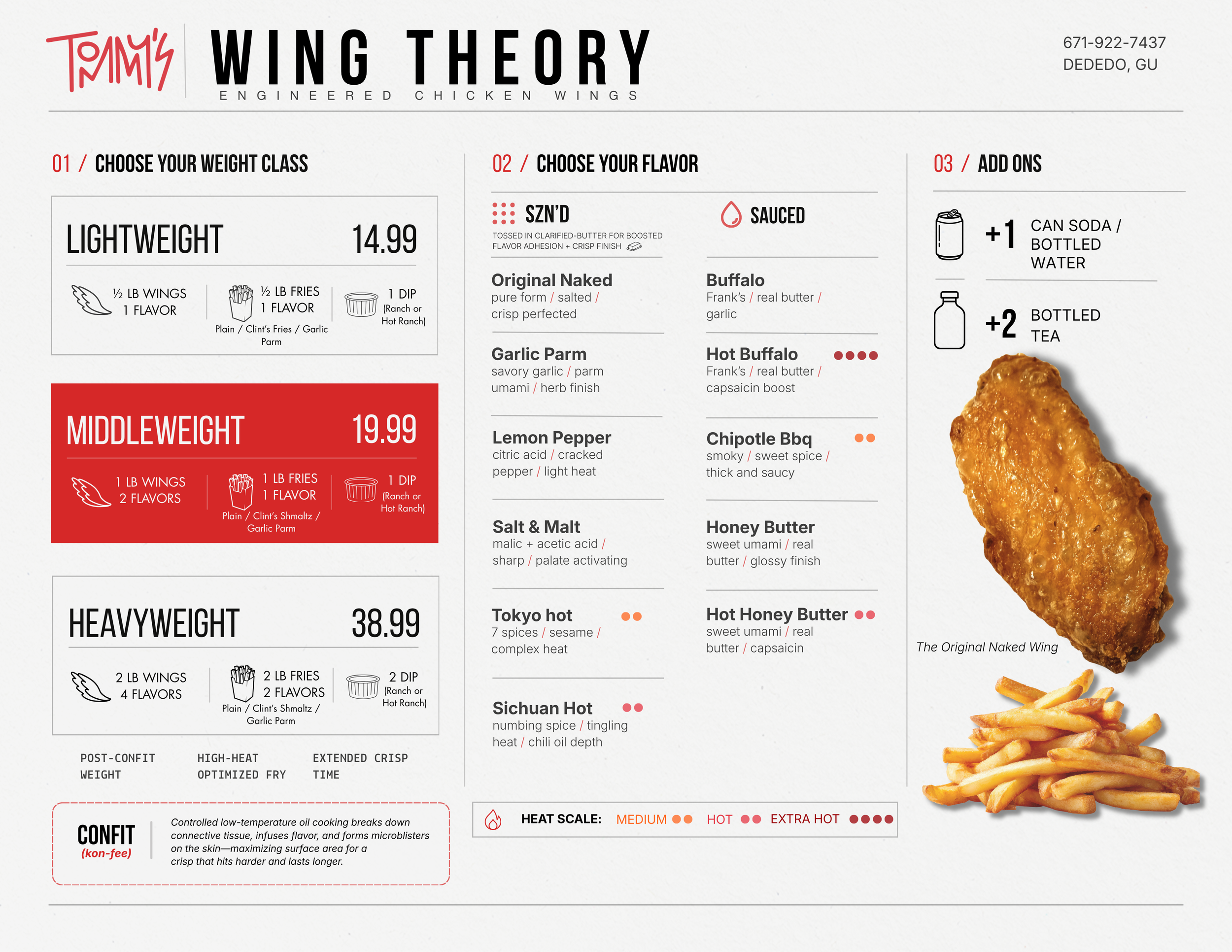 Menu for Tommy's Wing Theory featuring various chicken wing options categorized by weight class with flavor choices such as Original Naked, Buffalo, Garlic Parm, Lemon Pepper, and others. Additional sides include fries and dips, with optional drinks like soda, bottled water, and bottled tea.