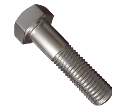 Close-up of a shiny metal bolt with a hexagonal head and threaded body.