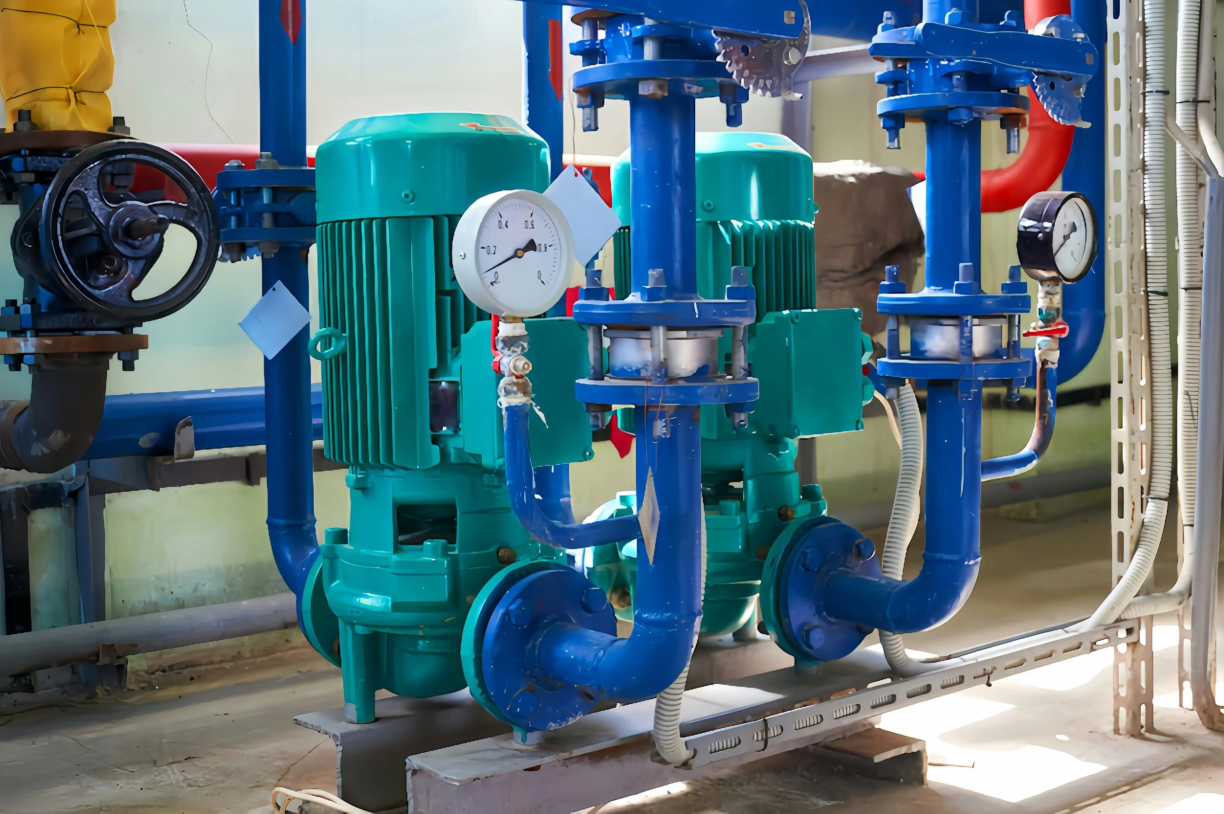 Industrial pump system with green motors, blue pipes, gauges, and valves.
