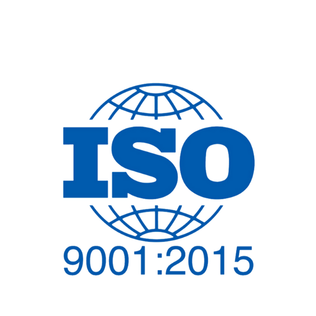 ISO logo with a stylized globe in the background and the text 9001:2015.