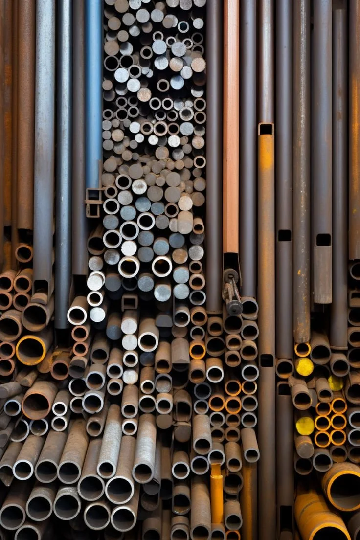 A collection of metal pipes arranged vertically, varying in size and color, including gray, black, brown, and yellow.