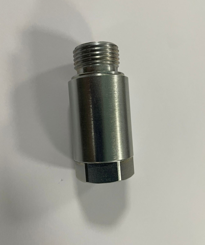 Metal threaded fitting or connector on a white background.