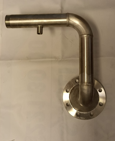 Metal wall-mounted pipe with a curved section and circular flange for mounting.