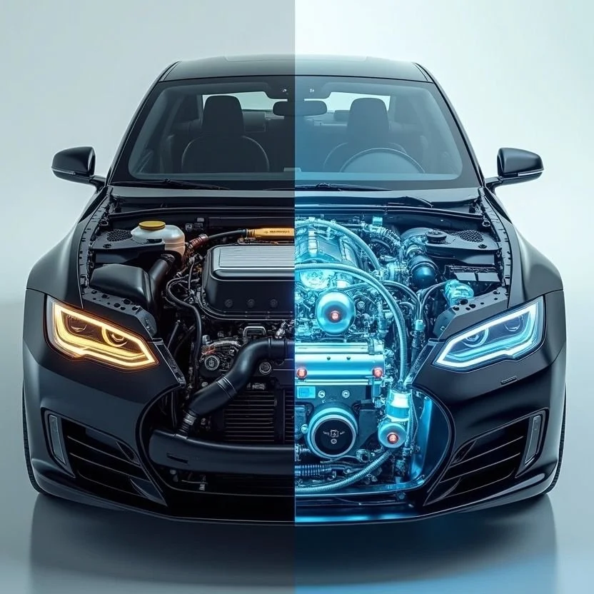 A black car with its front hood open, exposing the engine. The left side shows a traditional engine with some lights on, while the right side displays a futuristic, glowing, digitally rendered engine.