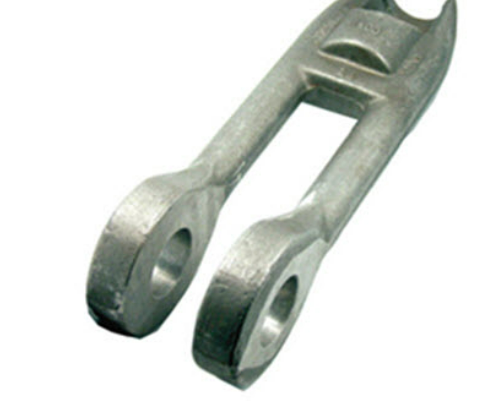 Metal motorcycle or bicycle fork with two openings for wheels.