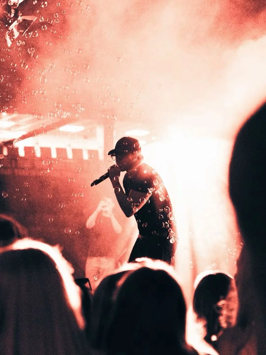 Konsertissa esiintyvä mies laulamassa mikrofoni kädessä, taustalla valoja ja yleisöä.