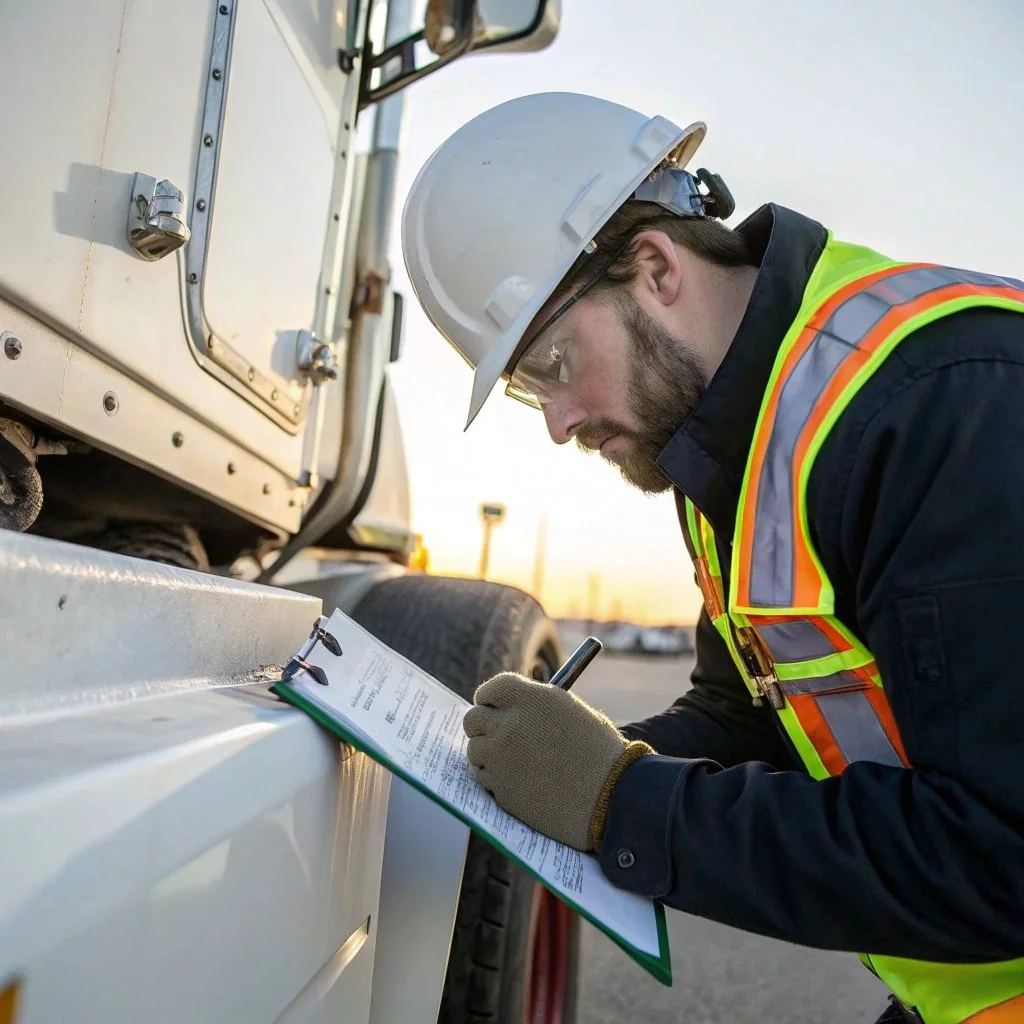 A male construction worker wearing a white hard hat, safety goggles, gloves, and a high-visibility safety vest writes on a clipboard while inspecting equipment outdoors.