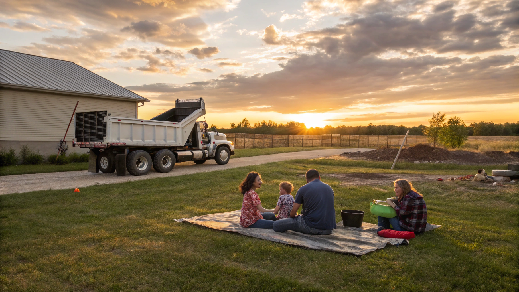 Family sitting on a blanket on the grass in a backyard at sunset, with a construction truck nearby and a wooden fence in the background.
