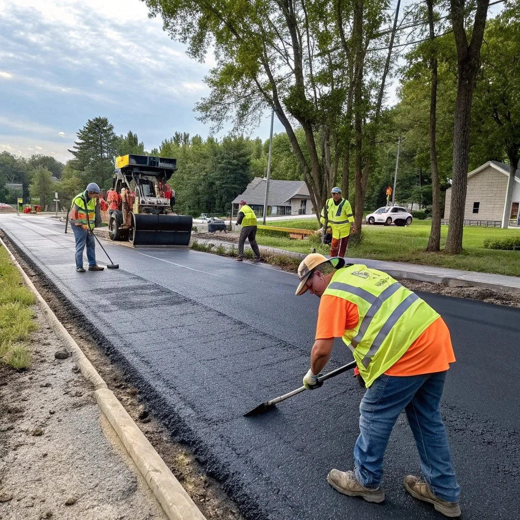 Workers install new black asphalt pavement on a residential street, using rollers and tools, with trees and houses in the background.