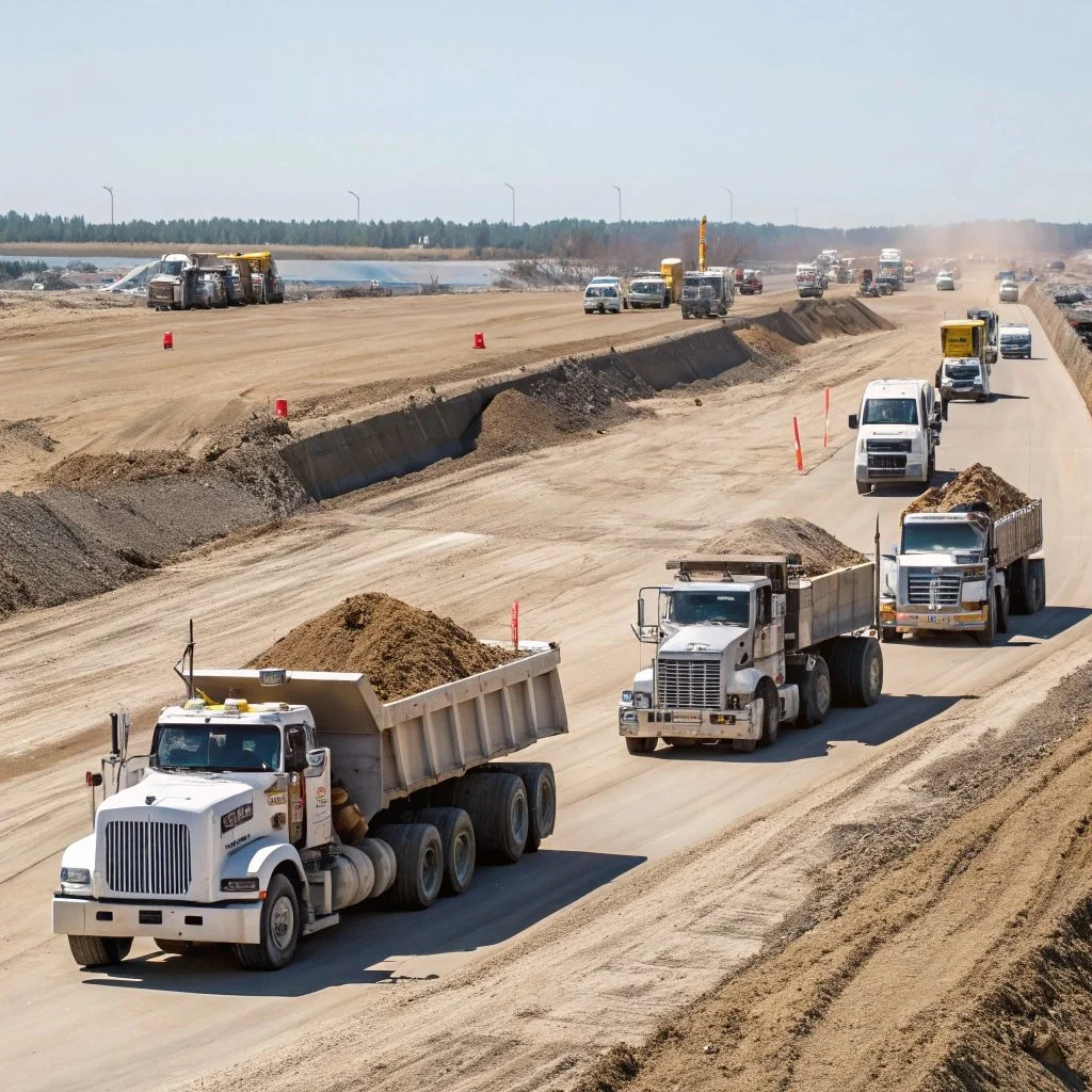 Construction site with multiple heavy trucks and vehicles working on a dirt road, preparing for paving or road building.