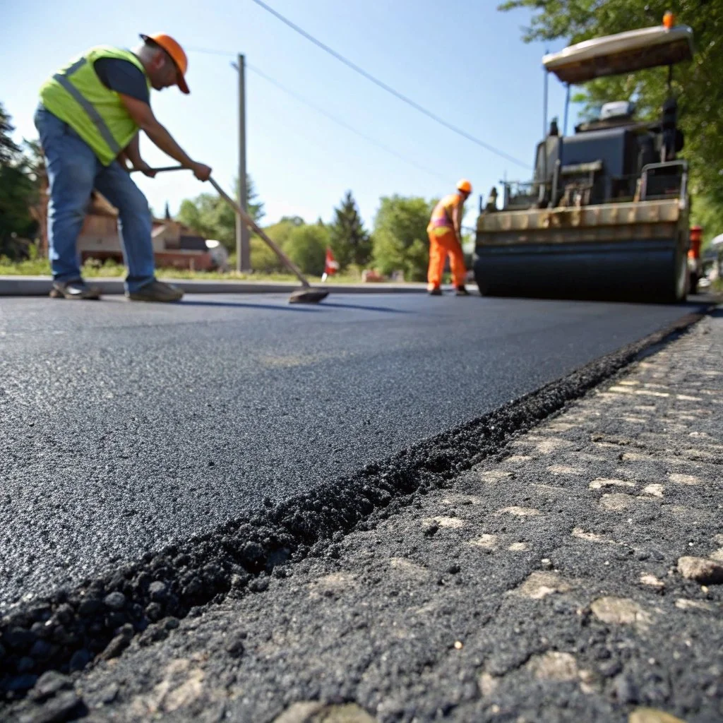 Workers in safety vests paving a road with a steamroller under a clear sky.